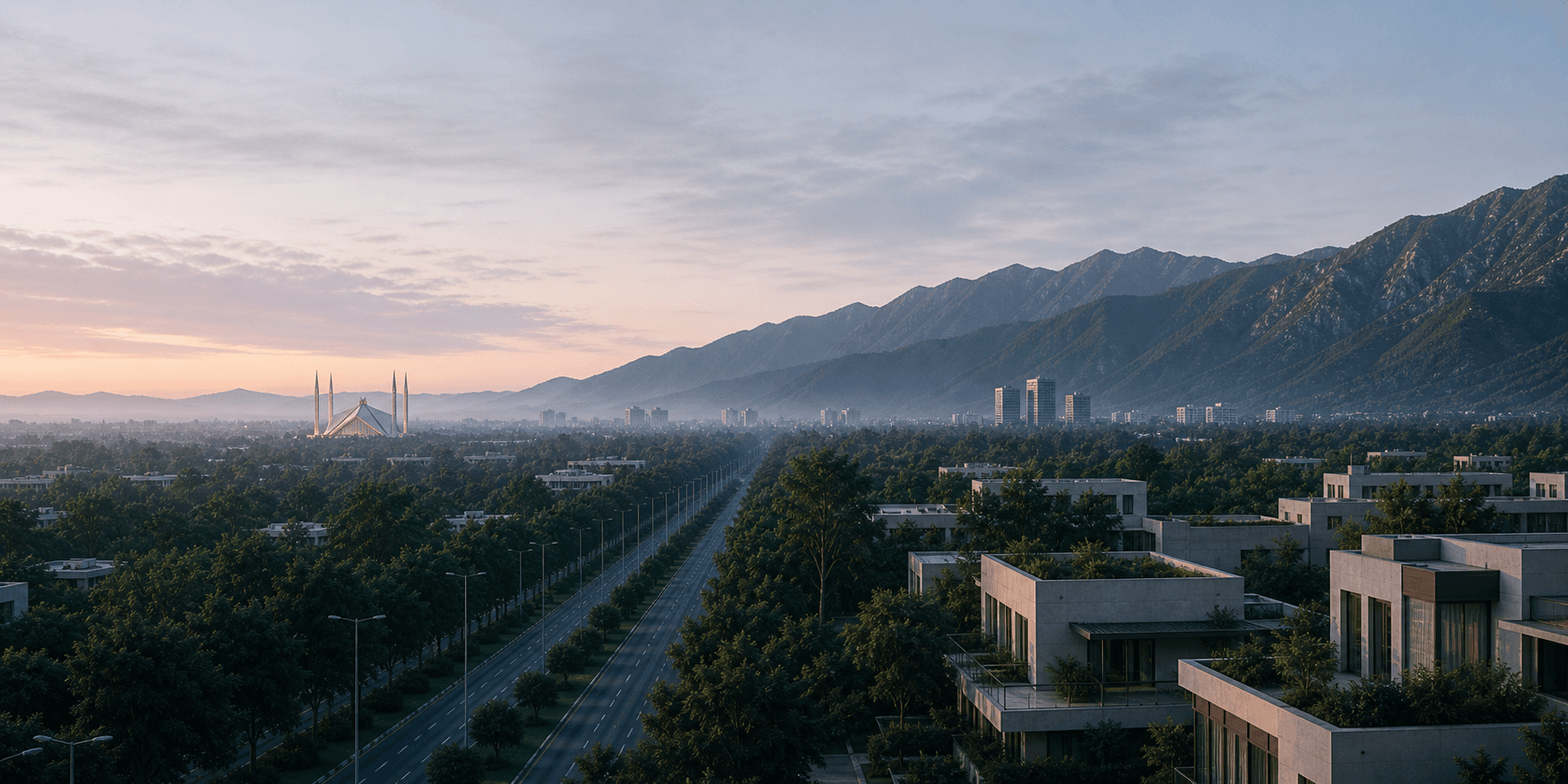 Islamabad at dawn with Margalla Hills, Faisal Mosque, cool morning sky, and fading city lights