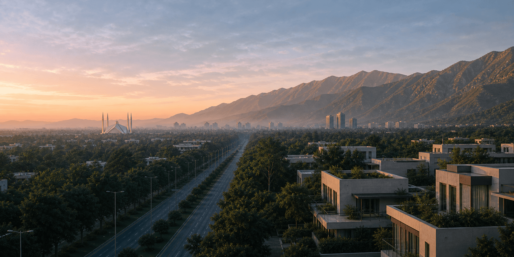Islamabad at dusk with Margalla Hills, Faisal Mosque, warm sky, and first city lights
