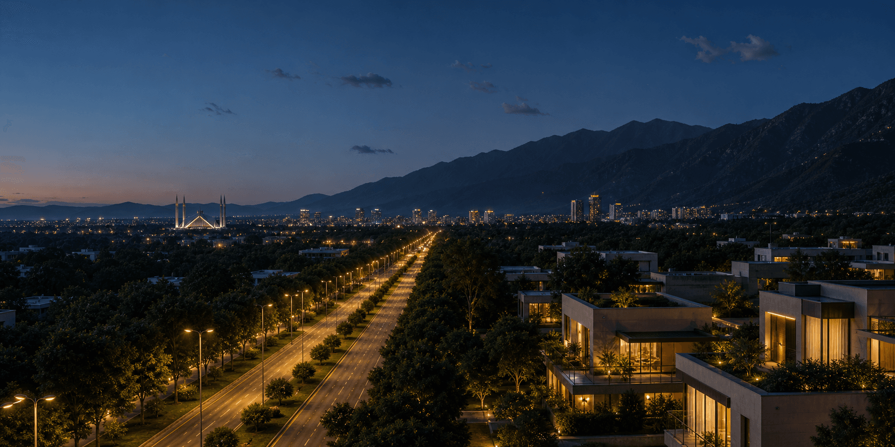 Islamabad at night with Margalla Hills, Faisal Mosque, street lights, and sector homes