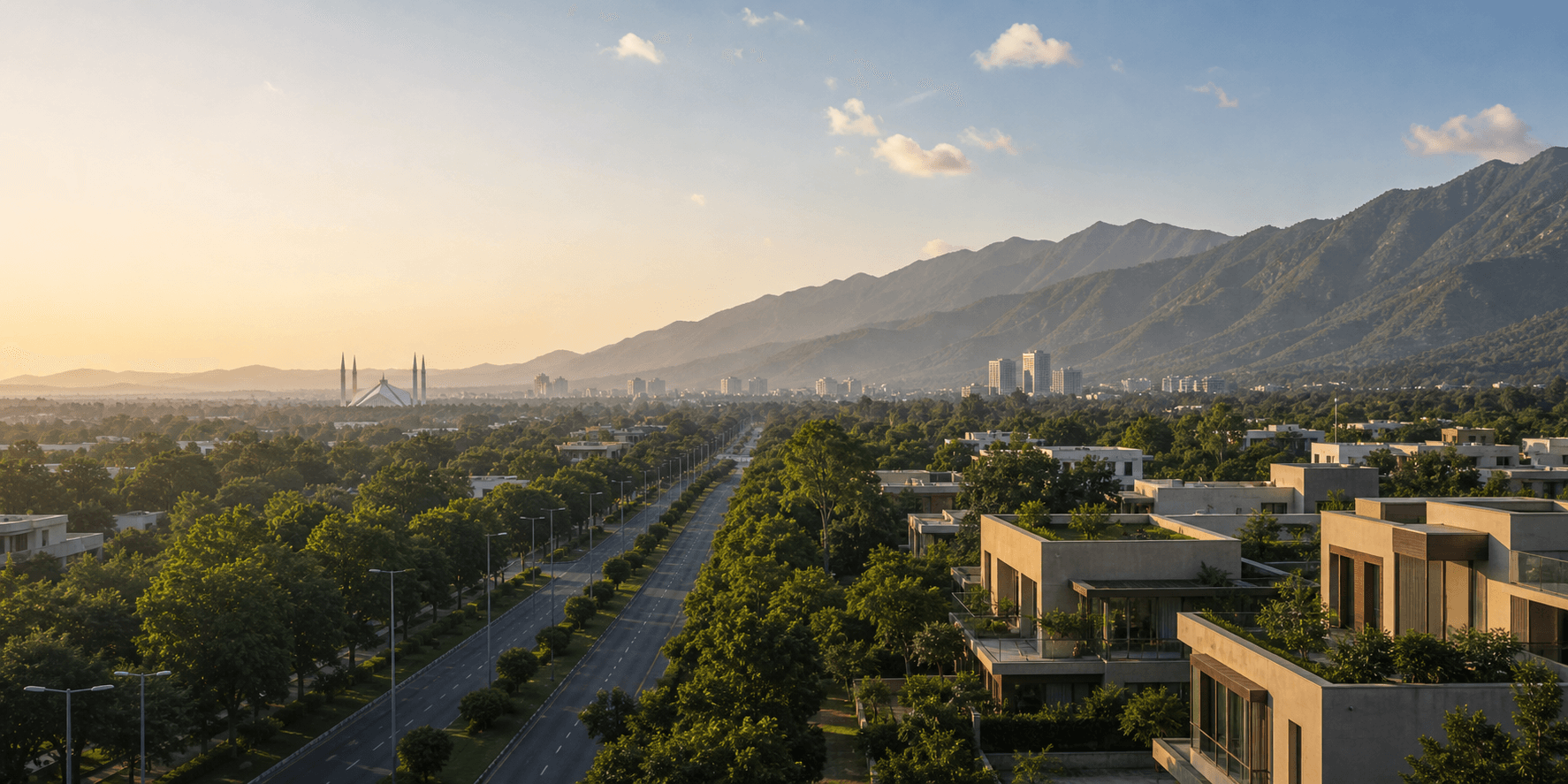 Islamabad skyline with Margalla Hills, Faisal Mosque, green avenues, and sector homes